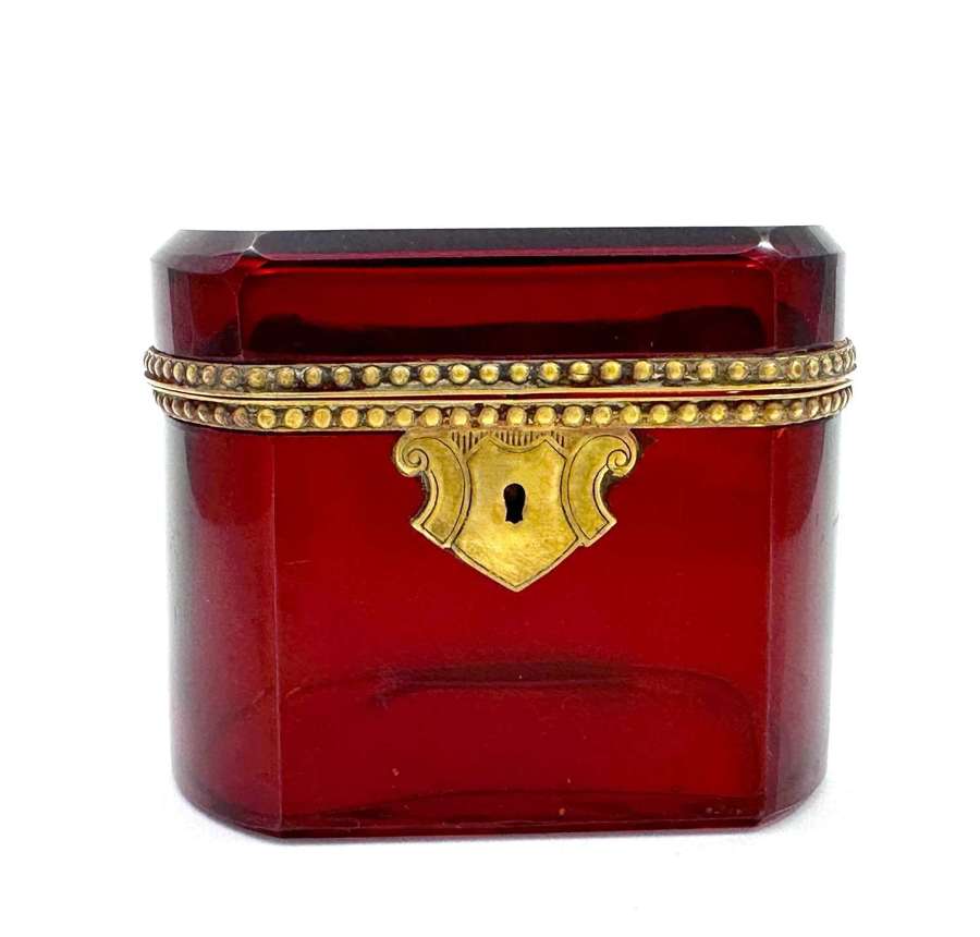 Antique French Ruby Red Crystal Glass Box with Dore Bronze Mounts