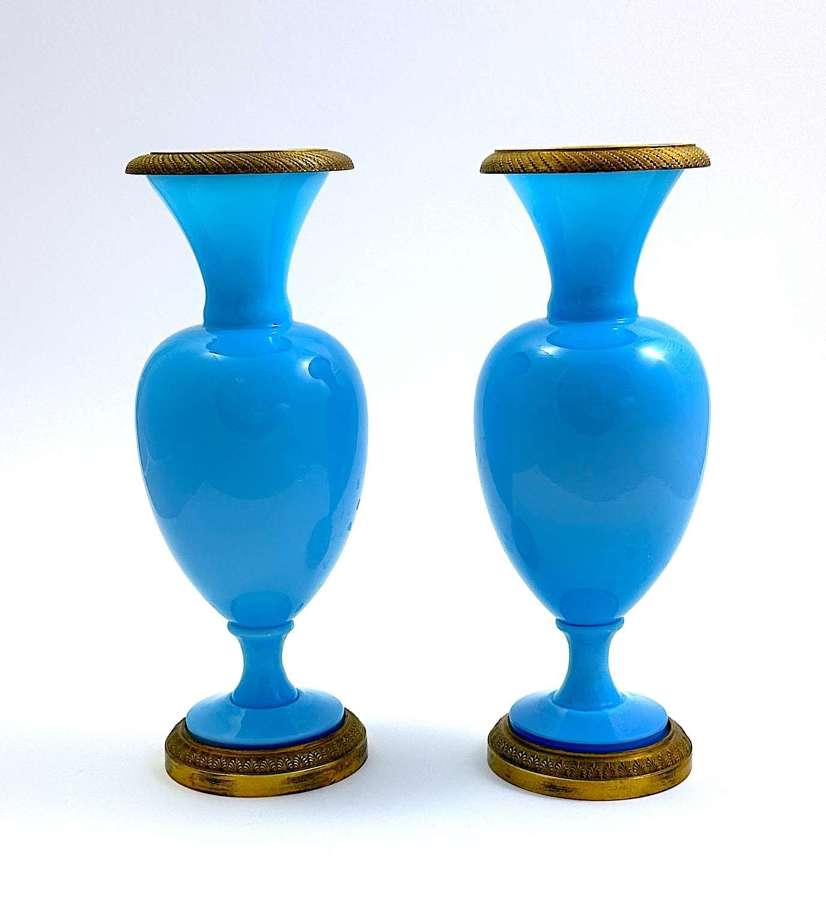 A Pair of Antique French Charles X Blue Opaline Crystal Glass Vases