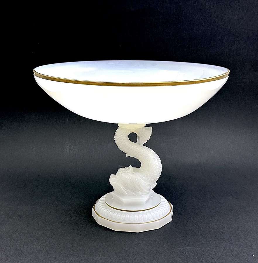 Large Antique Baccarat White Opaline Glass Dolphin Centrepiece.