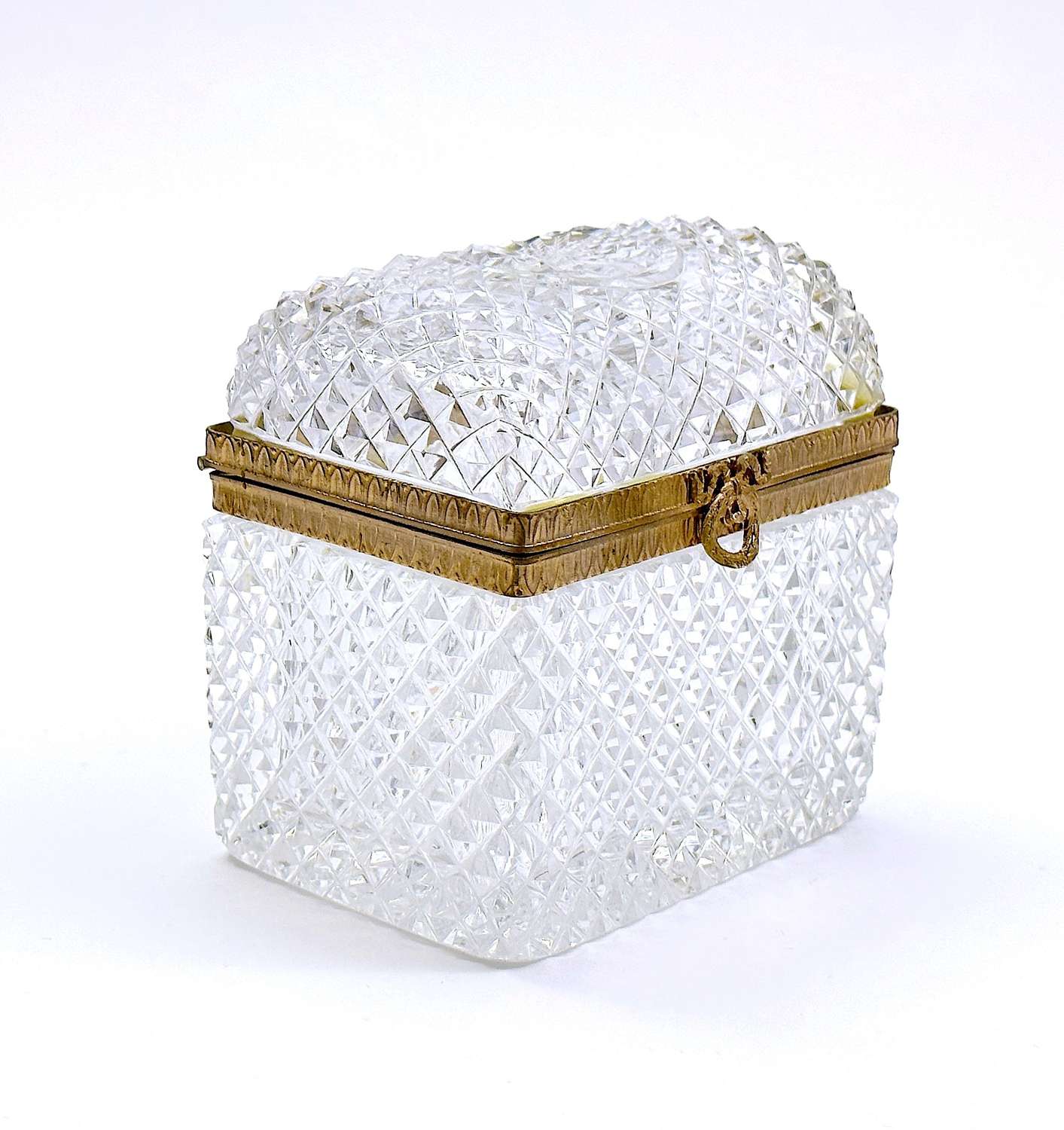 Antique Baccarat Cut Crystal Glass Domed Casket Box with Bow Clasp.