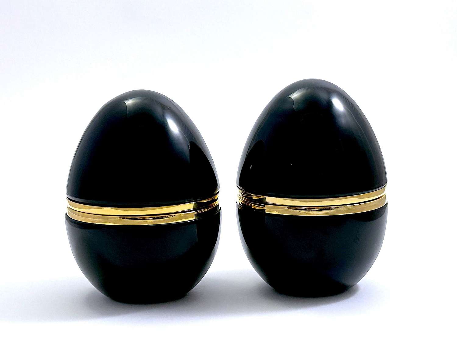 A Large Pair of Antique Murano Black Opaline Glass Egg Shaped Boxes
