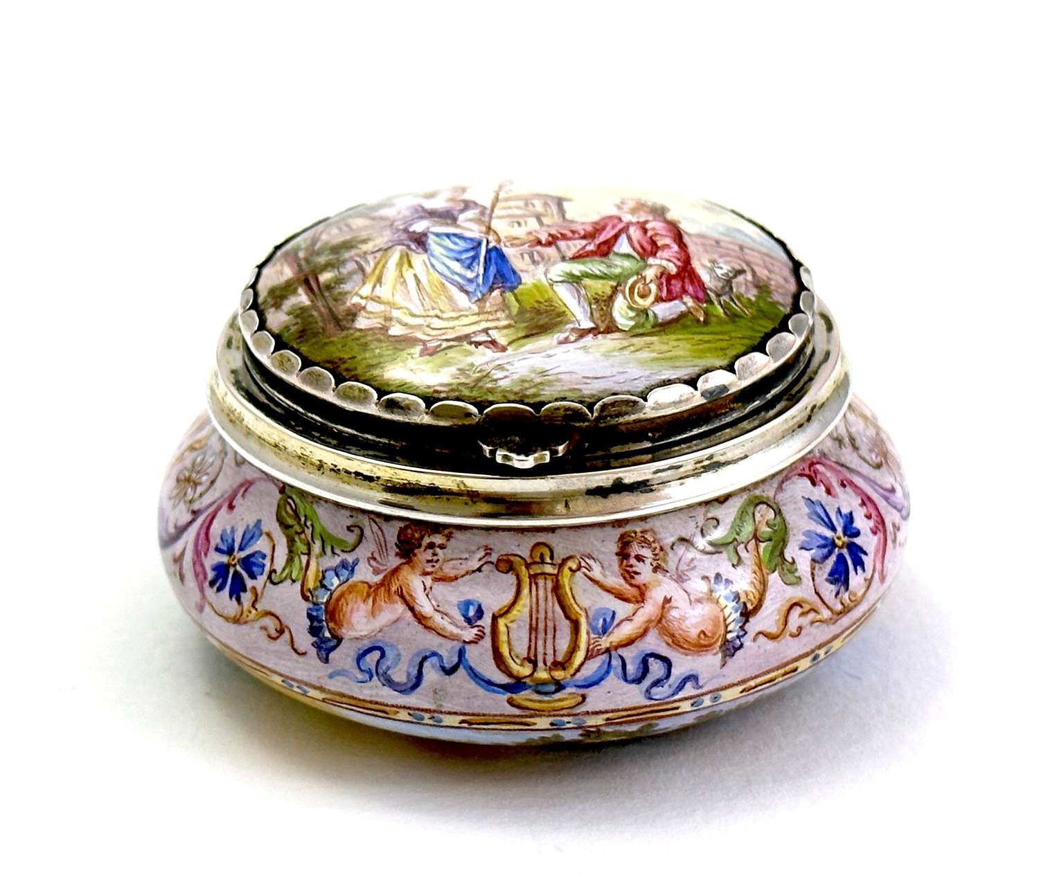 Exceptional High Quality Antique Enamelled and Silver Pill Box.