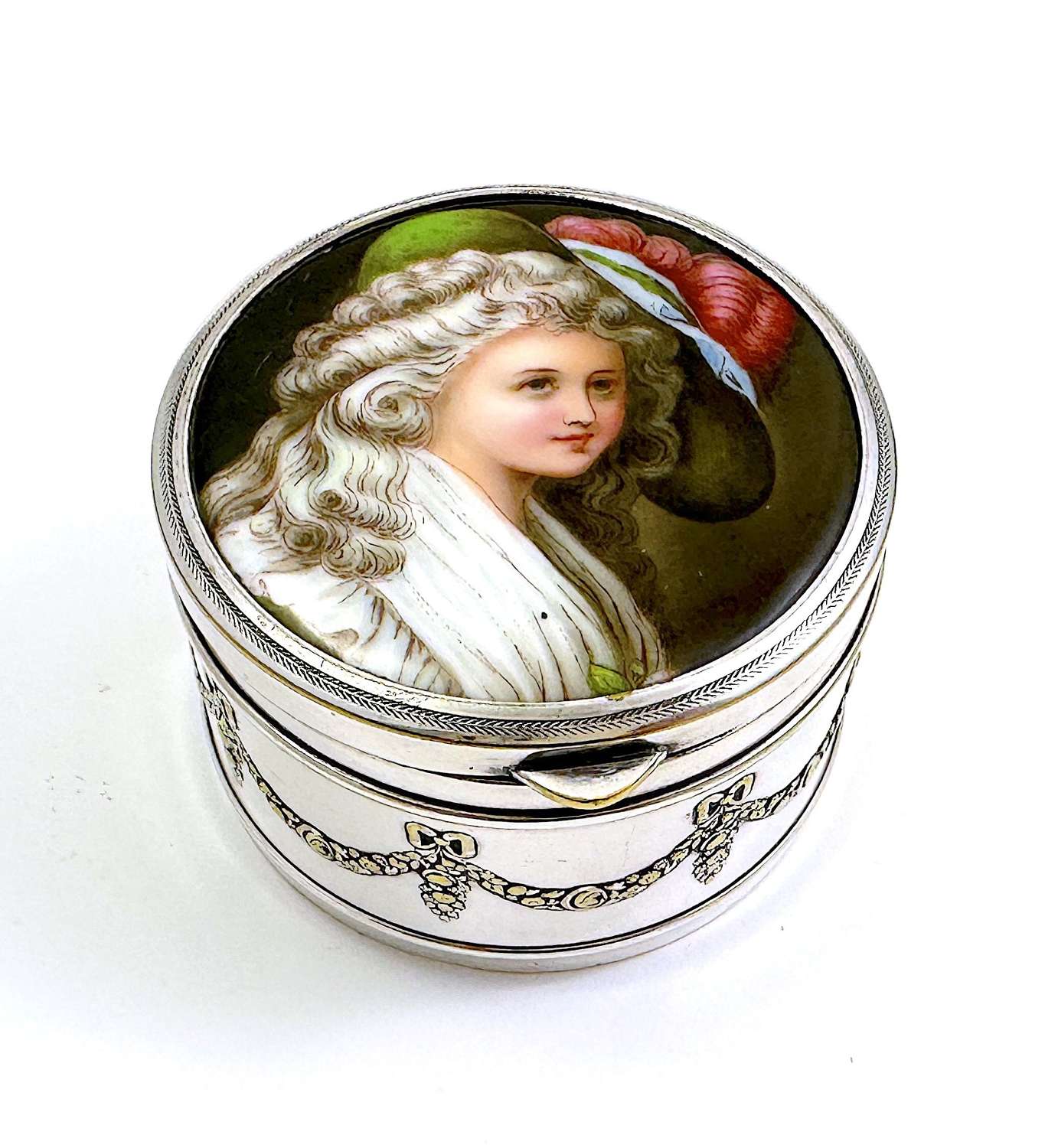 Antique WMF Jewellery Box with Porcelain Lid of Marie Antionette