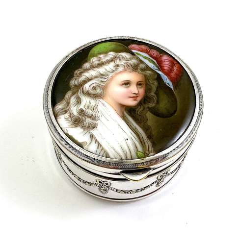 Antique WMF Jewellery Box with Porcelain Lid of Marie Antionette
