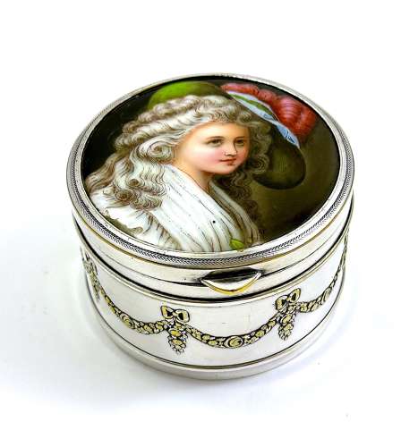 Antique WMF Jewellery Box with Porcelain Lid of Marie Antionette