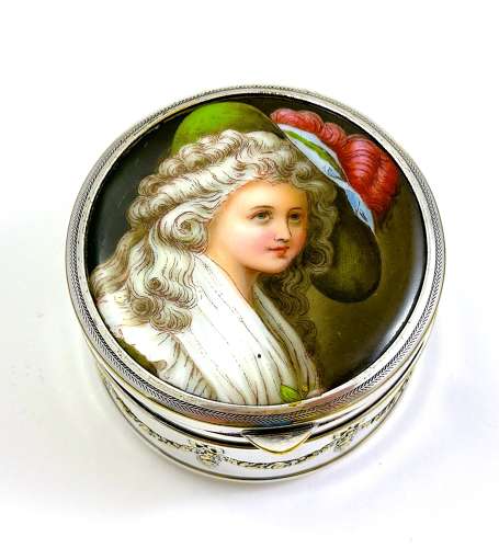 Antique WMF Jewellery Box with Porcelain Lid of Marie Antionette