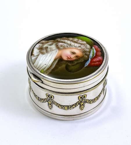 Antique WMF Jewellery Box with Porcelain Lid of Marie Antionette