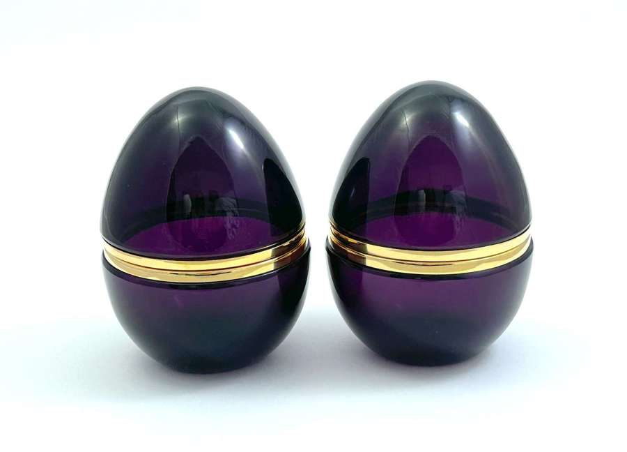 A Large Pair of Antique Murano Amethyst Glass Egg Shaped Boxes