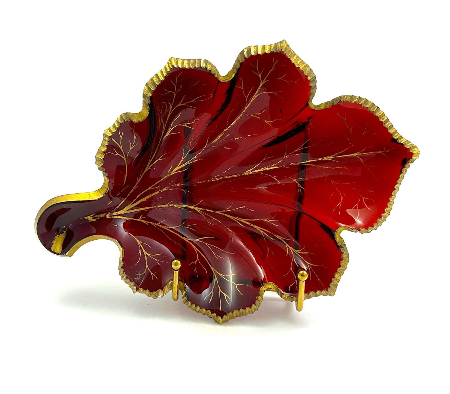 Antique Bohemian Ruby Red Glass Leaf Dish Highlighted in Gold.