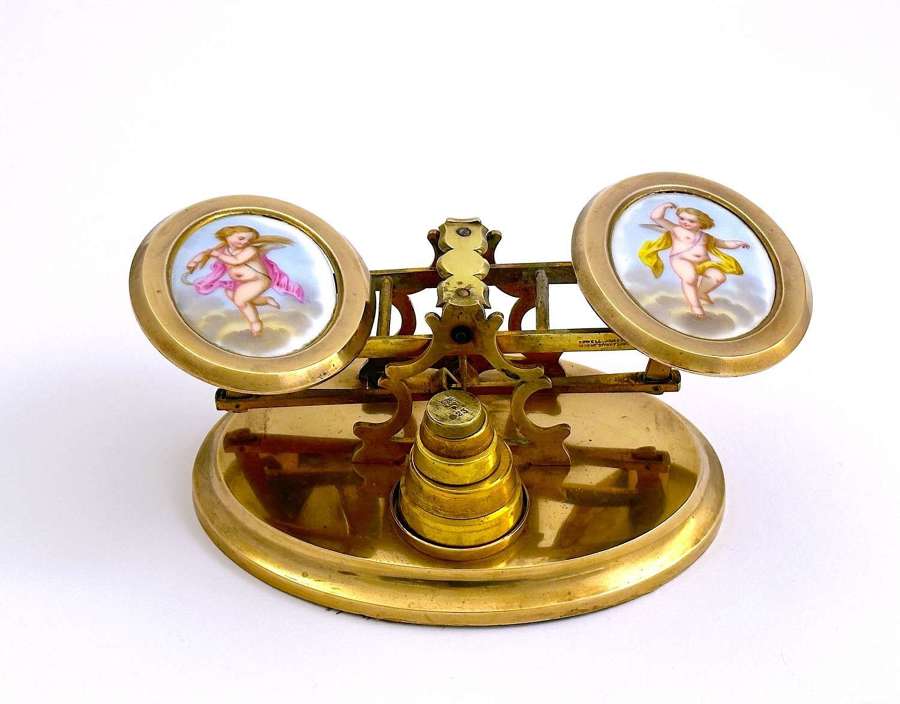 A Howell James & Company Brass and Porcelain Desk Postal Letter Scale