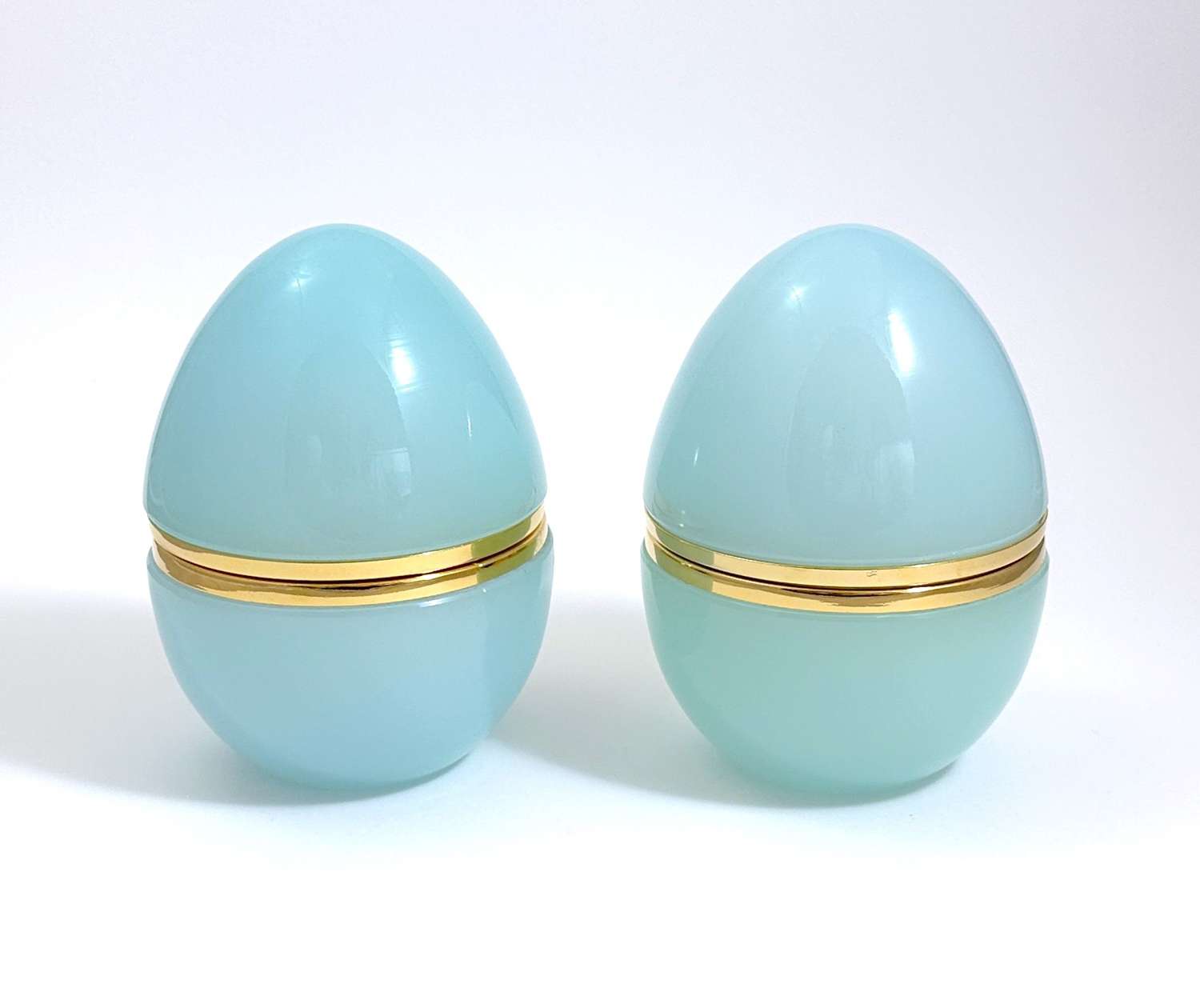 Large Pair of Antique Murano Pale Blue Opaline Glass Egg Shaped Boxes