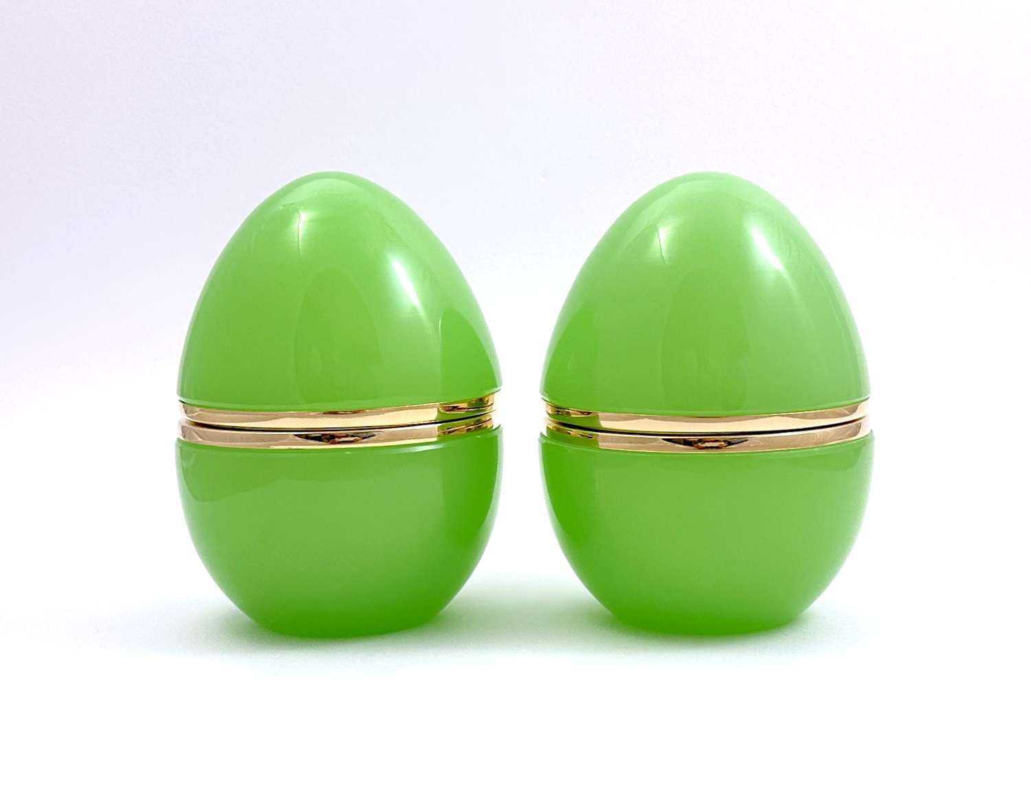 Large Pair of Antique Murano Pink Green Opaline Glass Egg Shaped Boxes