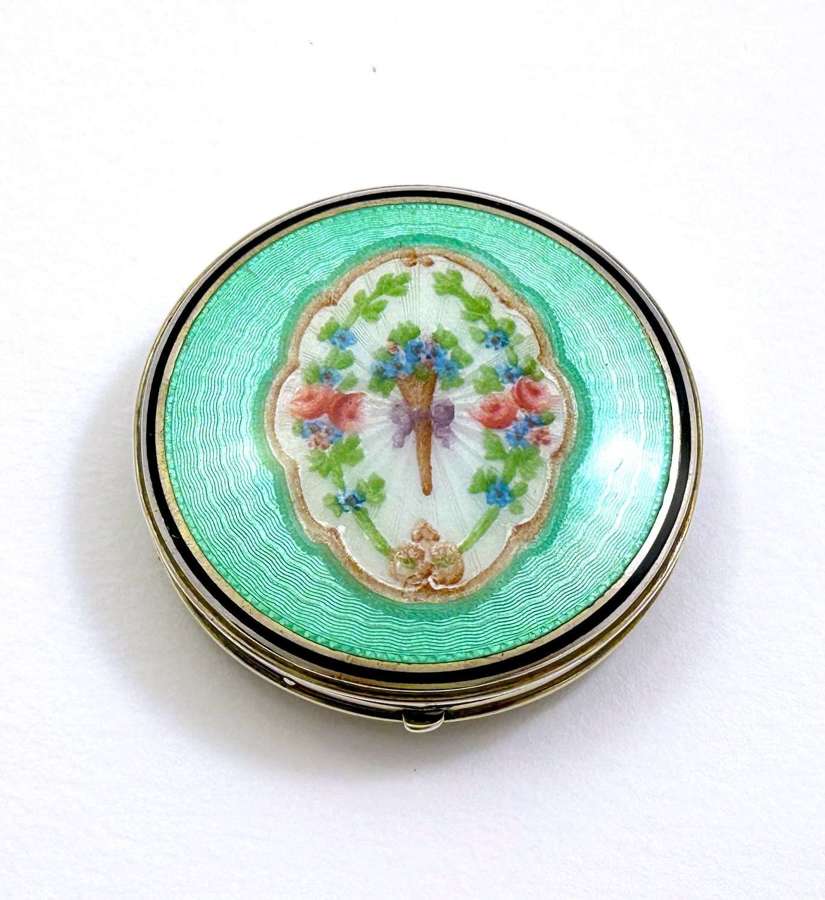 Antique Silver and Mint Green Guilloche Enamel Compact Case.