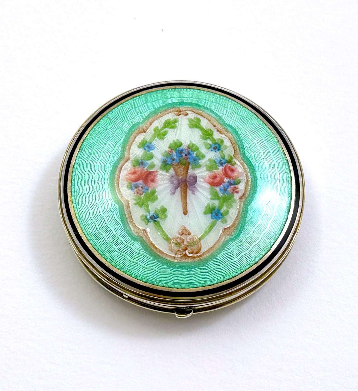 Antique Silver and Mint Green Guilloche Enamel Compact Case.