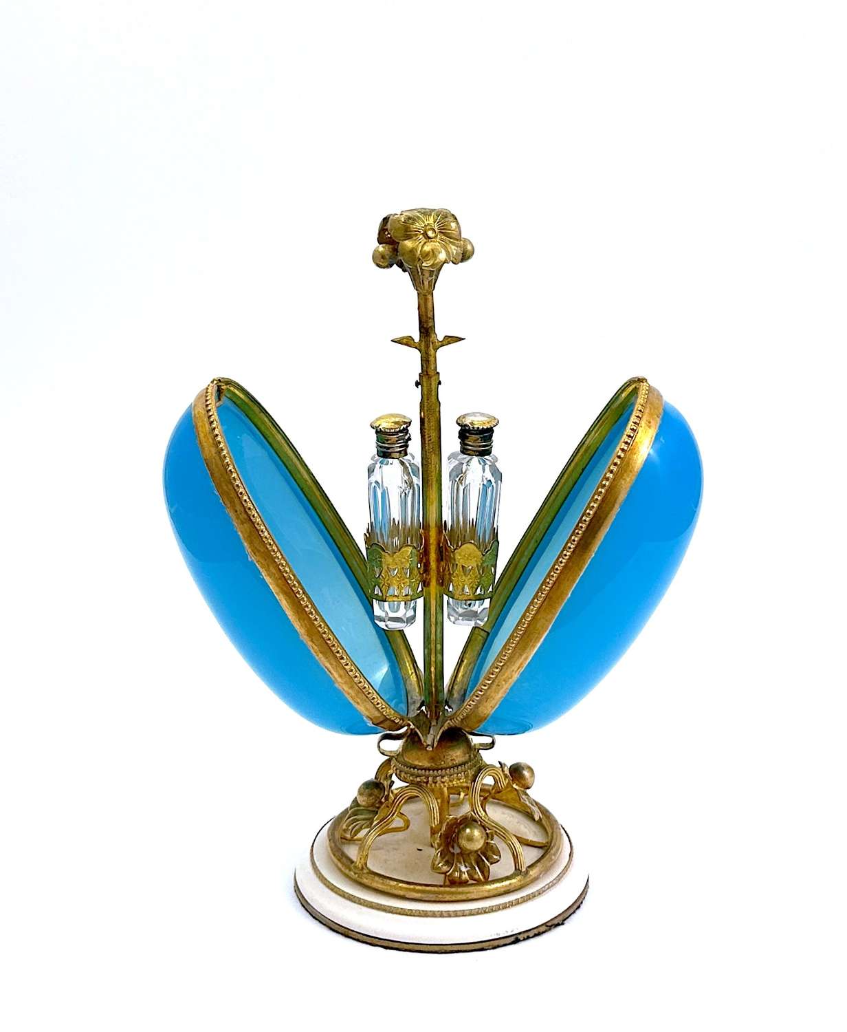 A Large Antique Palais Royal Blue Opaline Egg Shaped Glass Perfume Set
