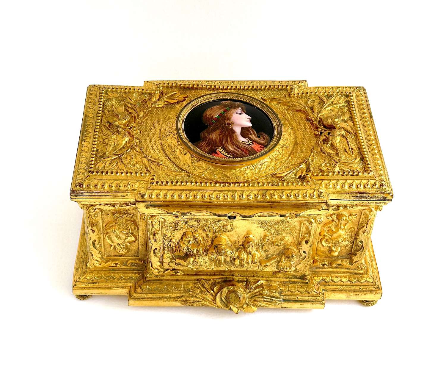 A High Quality Antique French Dore Bronze Box with a Limoges Miniature