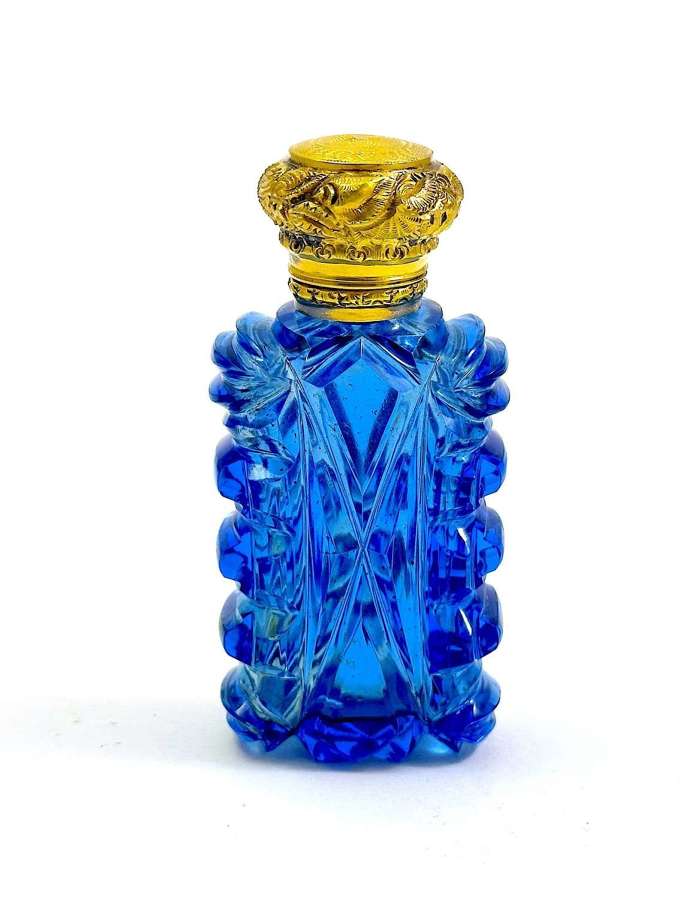 Antique French Blue Cut Crystal Glass Perfume Bottle