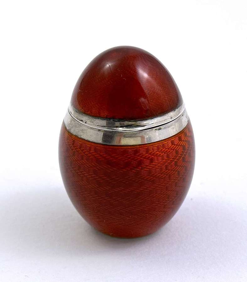 Fine Antique French Red Guilloche Enamel & Silver Egg Shaped Pill Box