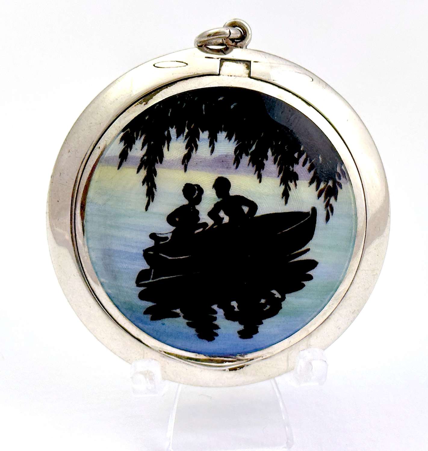 Antique  Enamel & Silver Compact with a Silhouette Romantic Scene