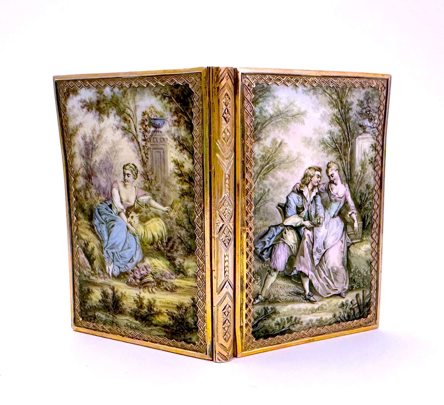 Exquisite Antique Enamel Aide Memoire with Silver Gilt Mounts.