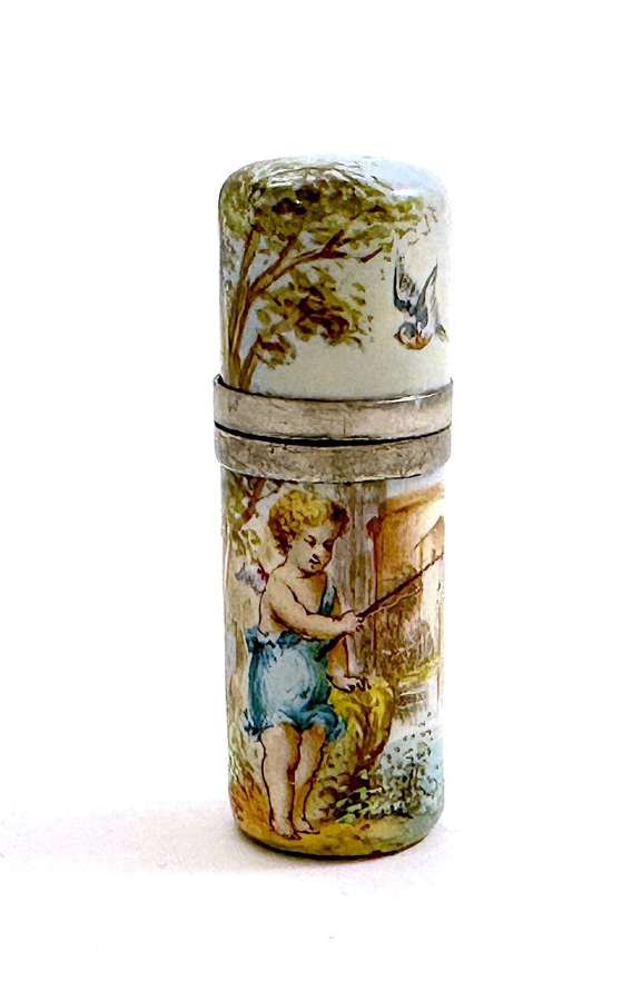 Pretty Antique French Enamelled and Silver Perfume Bottle with Cherub