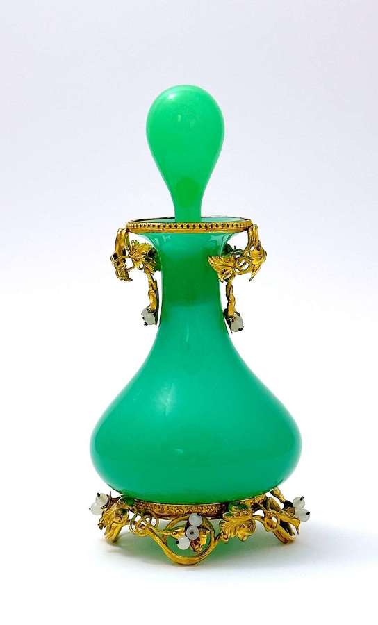 Antique French Palais Royal Green Opaline Glass Perfume Bottle