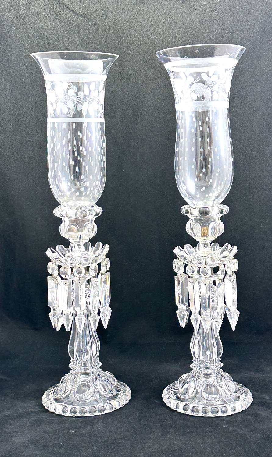 A Tall Pair Antique Signed Baccarat Cut Crystal Lustres Candlesticks