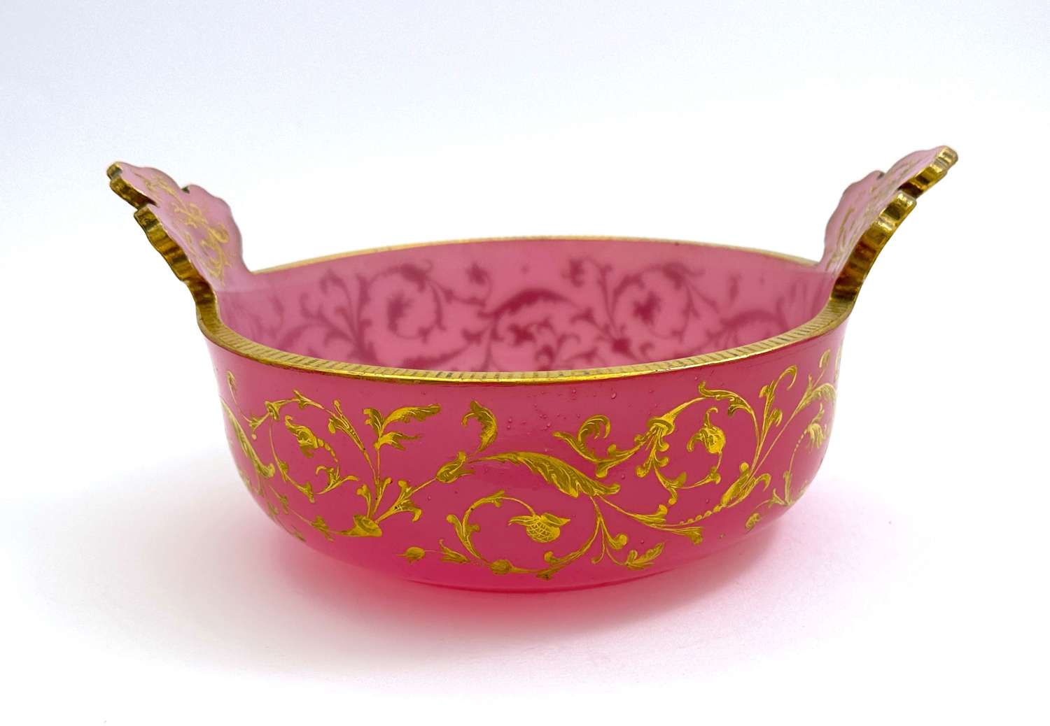 Antique French Pink Opaline Glass Dish with Gold Enamelleing.