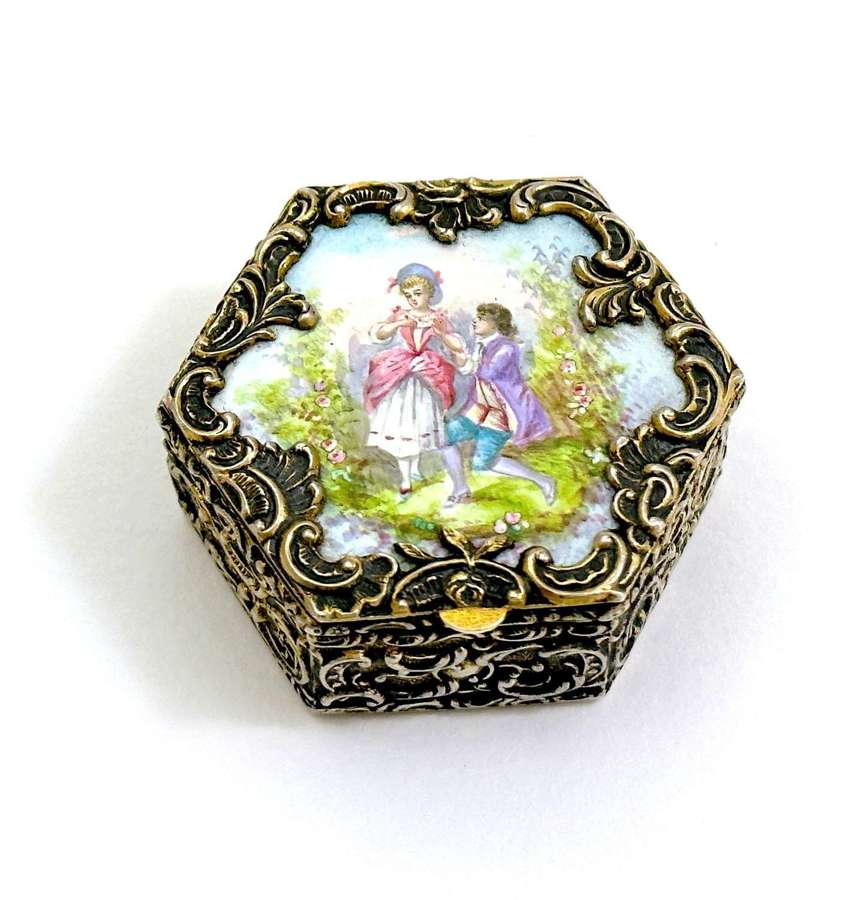 Antique French Enamel and Silver Pill Box with a Romantic Scene