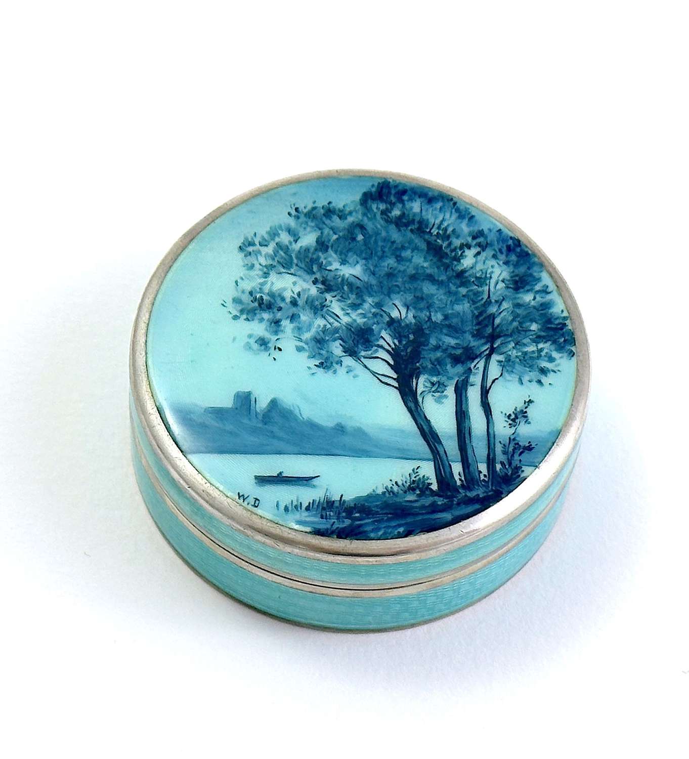 Antique Signed Turquoise Guilloche Enamel and Silver Pill Box.