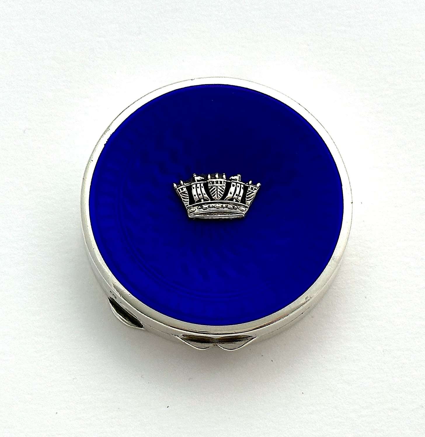 Antique Blue Guilloche Enamel Compact Case with Silver Crown.