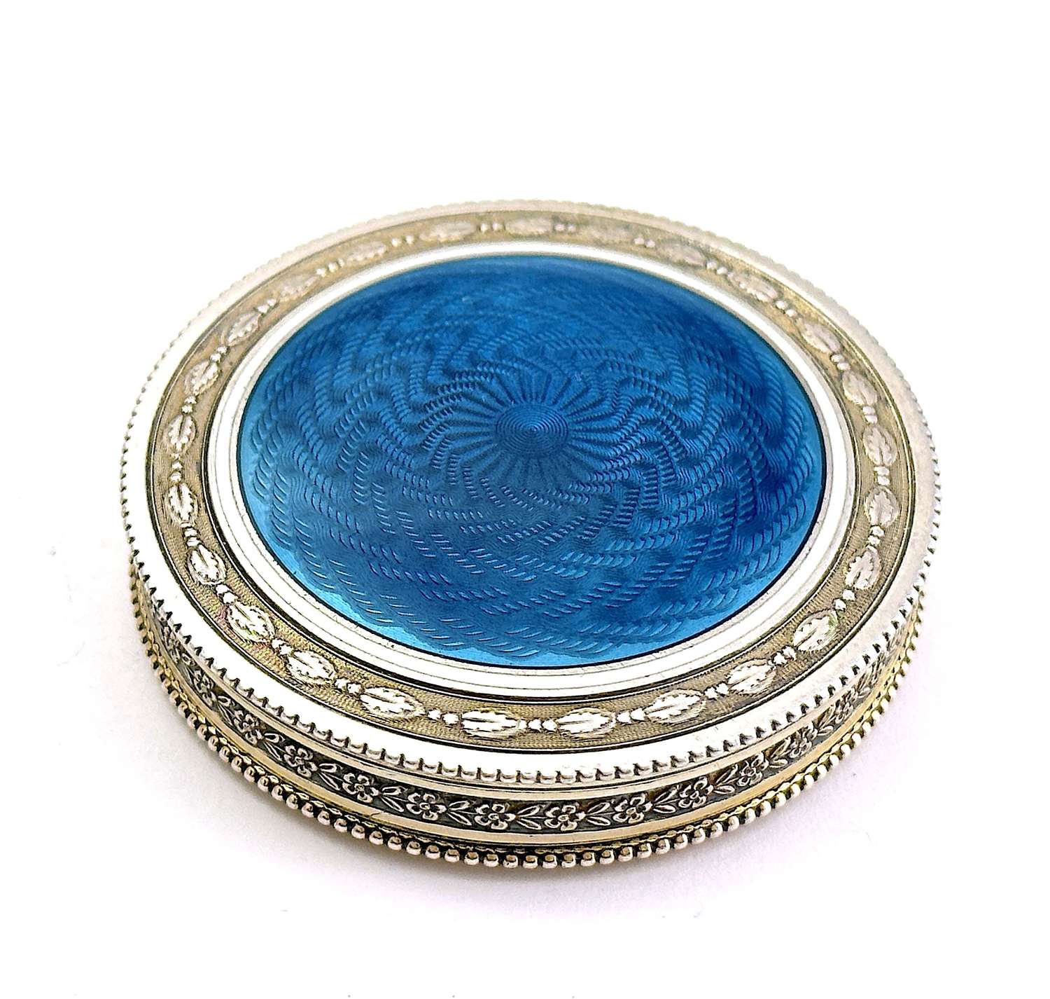 Pretty Antique French Sterling Silver and Blue Guilloche Enamel Box