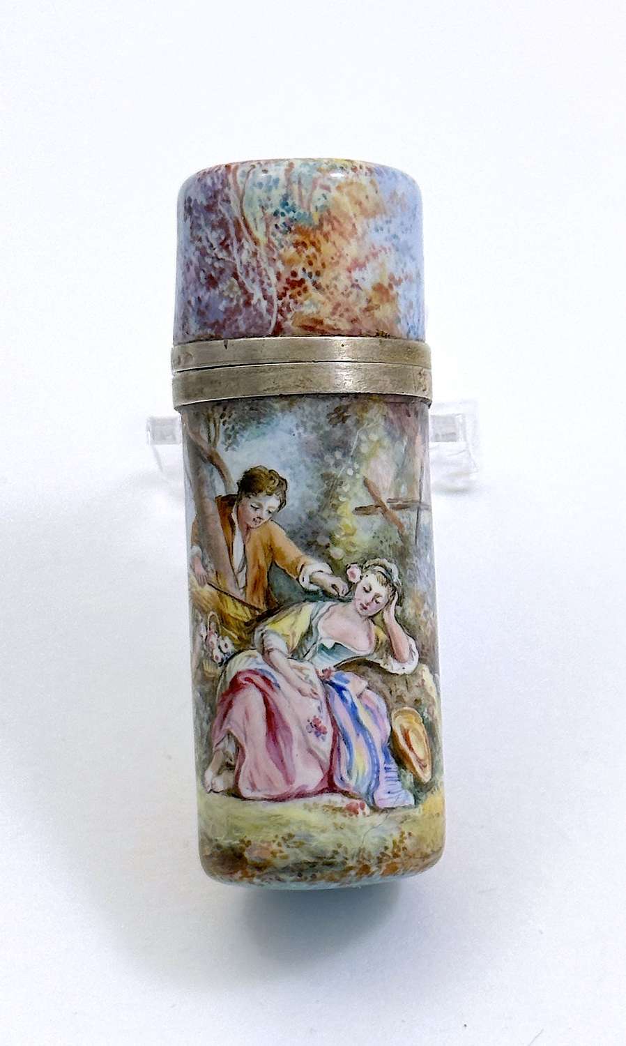 Antique French Enamelled & Silver Perfume Bottle with Courting Couple
