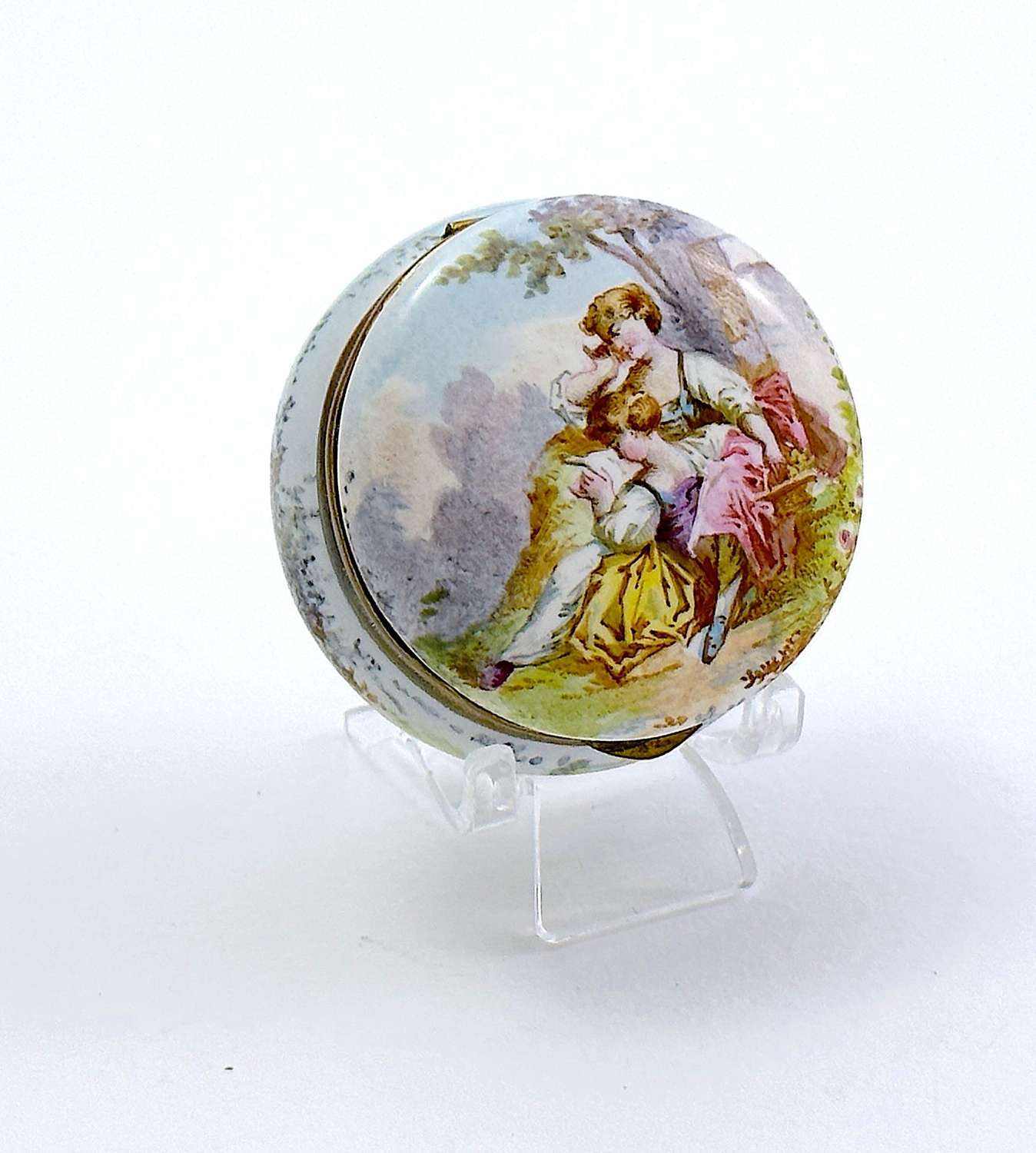 Antique French Enamel Round Pill  Box Finely Decorated with Two Ladies