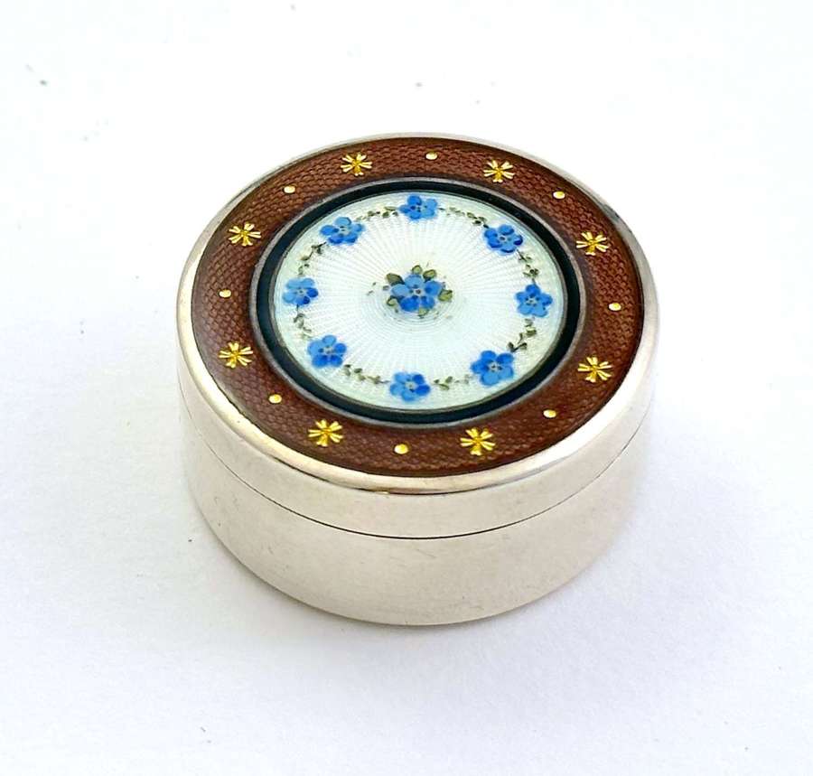 Antique Miniature Guilloche Enamel & Silver Pill Box with Blue Flowers