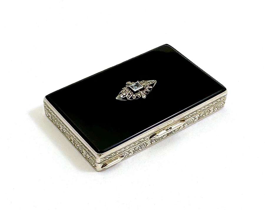 High Quality Antique French Black Enamel & Silver Box with Sapphire