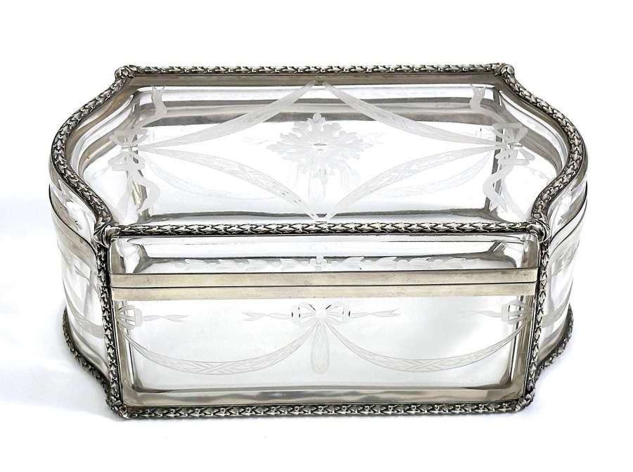 Large Antique French Engraved Crystal Glass and Silver Box.