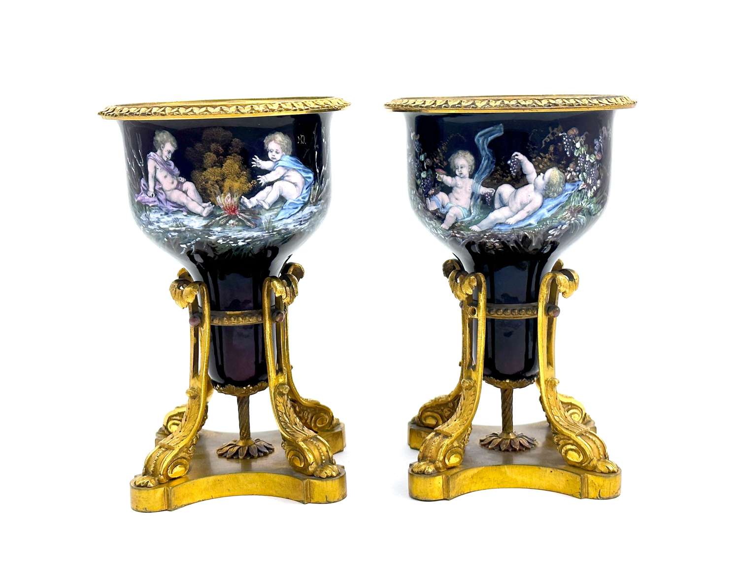 A Pair of High Quality Antique Limoges Enamel Vases with Cherubs