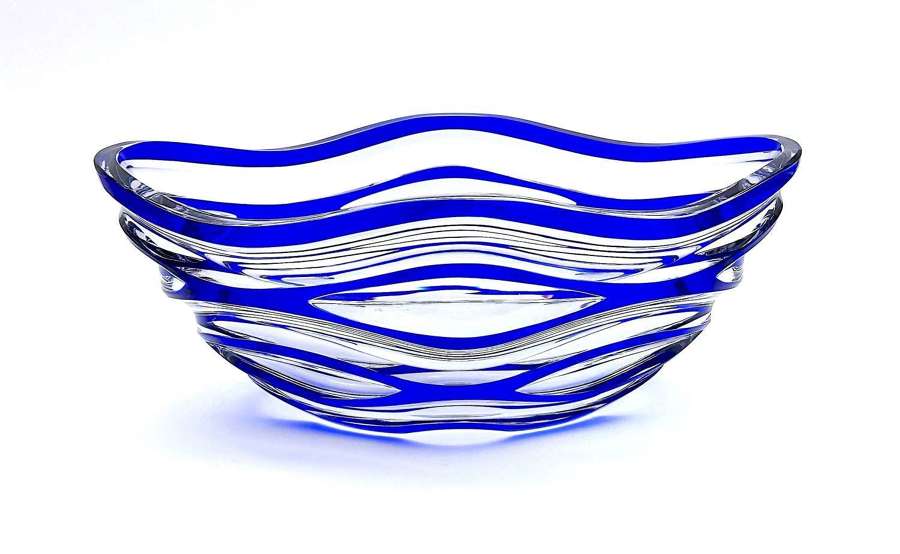 Vintage Blue and Clear Cut Crystal Overlay Glass Bowl