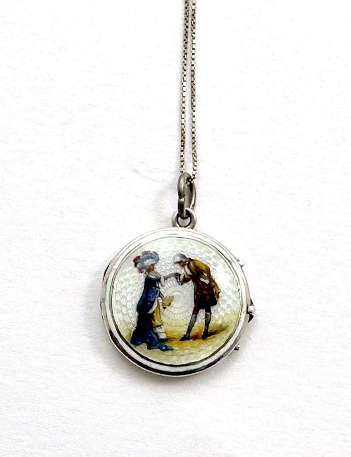 Antique French Guilloché Enamel and Silver Locket Pendant