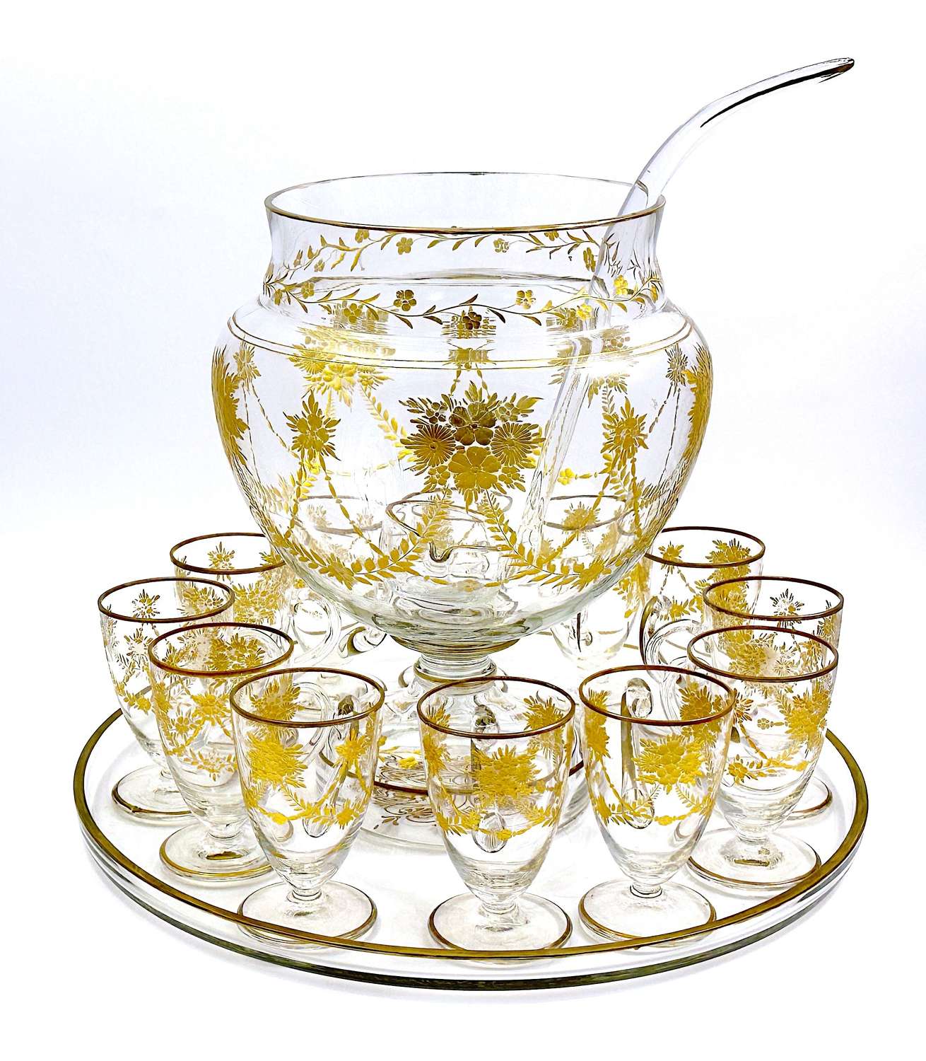 Rare Antique St Louis Gold Enamelled Cut Crystal Glass Punch Bowl Set