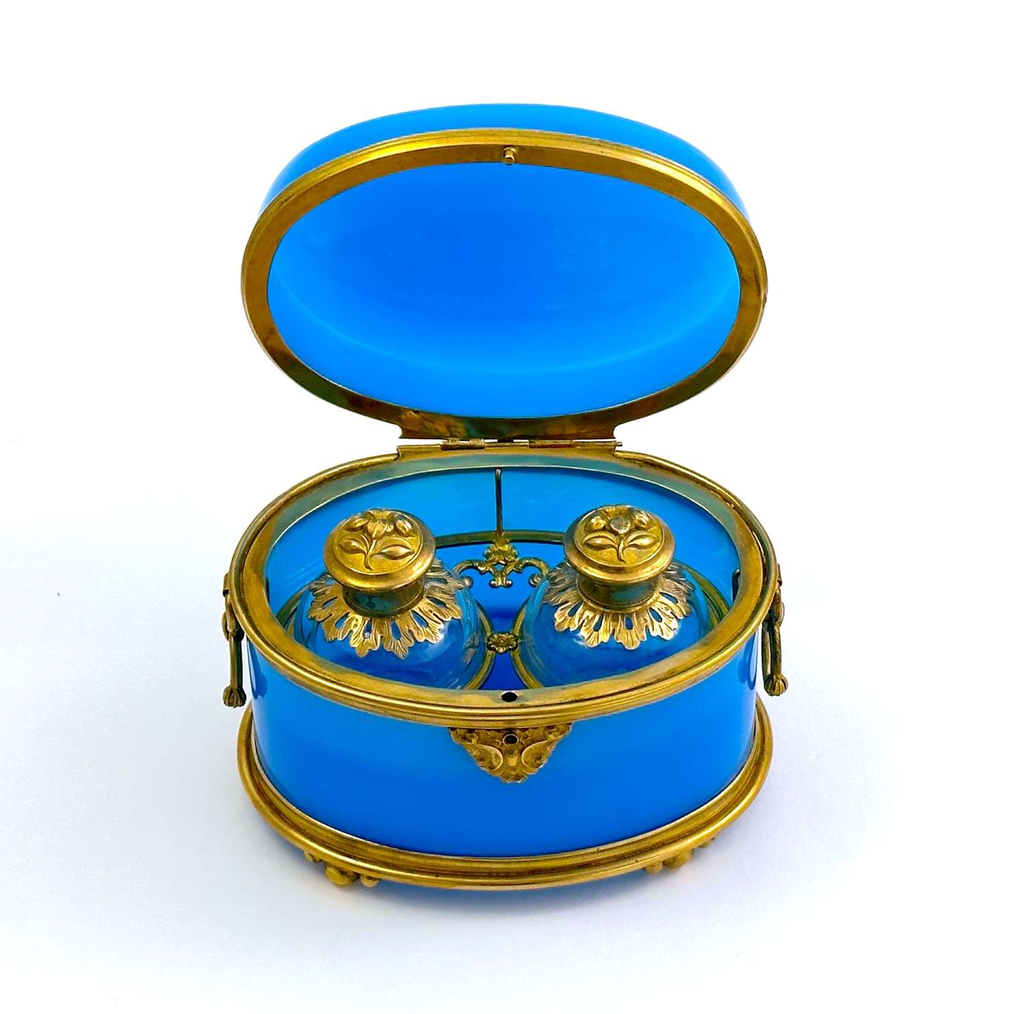 Large Antique BACCARAT French Blue Opaline Glass Perfume Casket