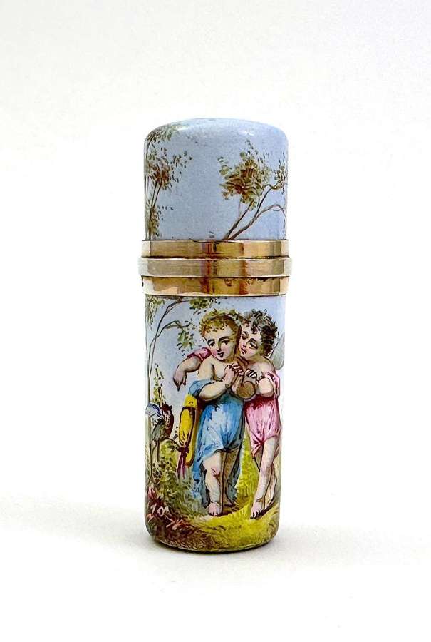 Antique French Enamelled & Gilt Perfume Bottle with Cherub & a Girl.