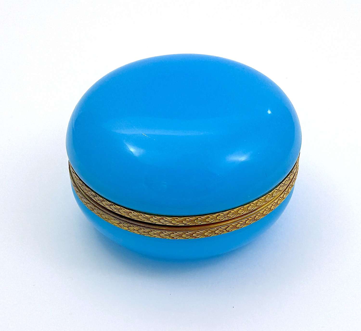 Antique French Round Blue Opaline Glass Box