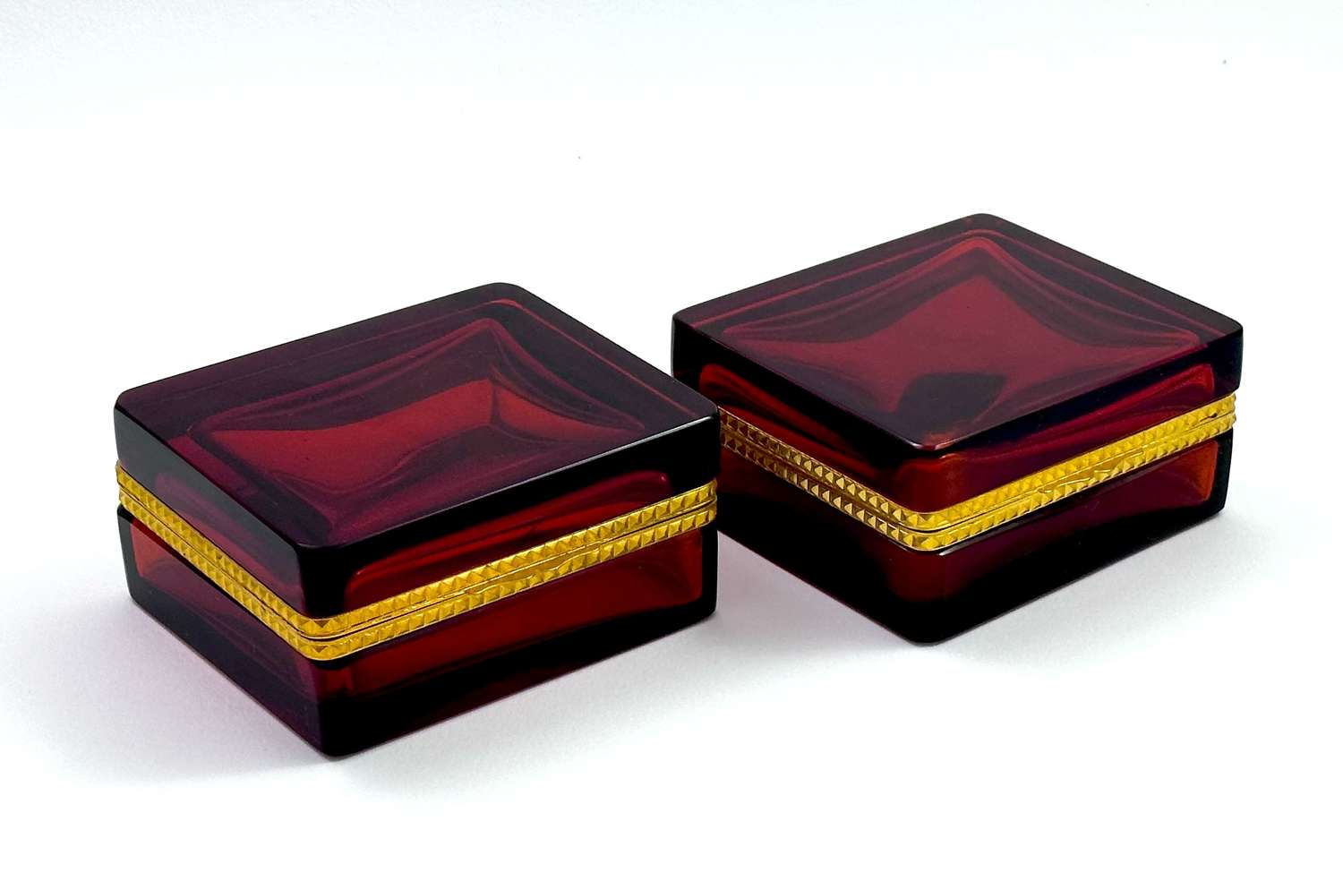 A Pair of Antique Square Ruby Red Glass Boxes