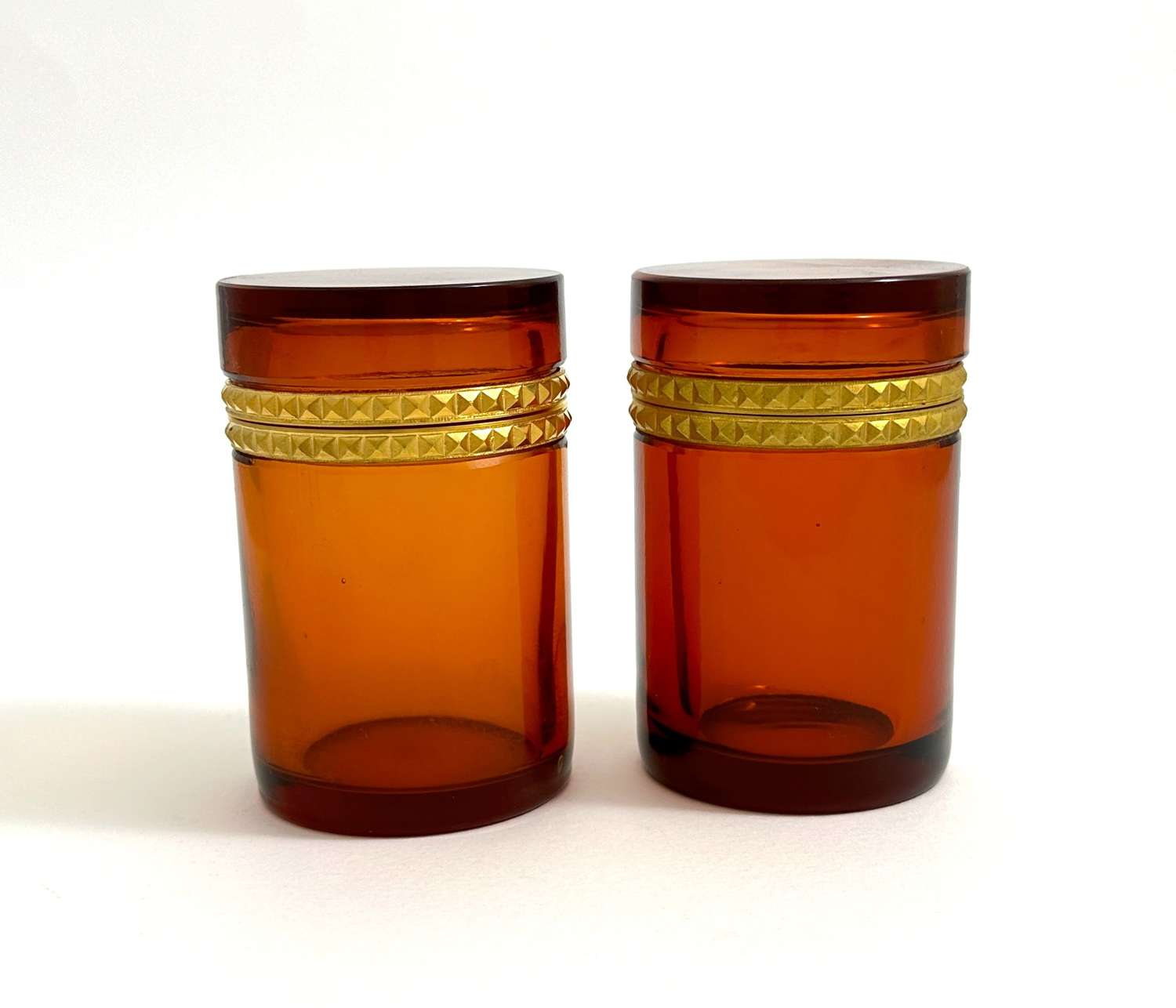 A Pair of Antique Ruby Red Crystal Glass Cylindrical Caskets