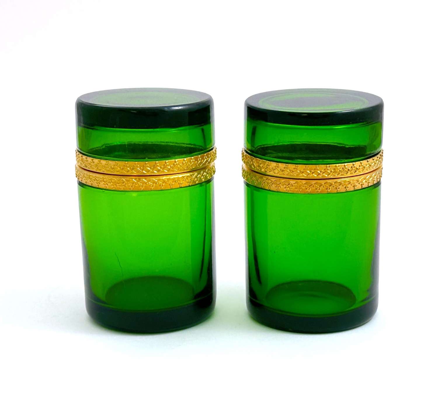 A Pair of Antique Green Crystal Glass Cylindrical Caskets