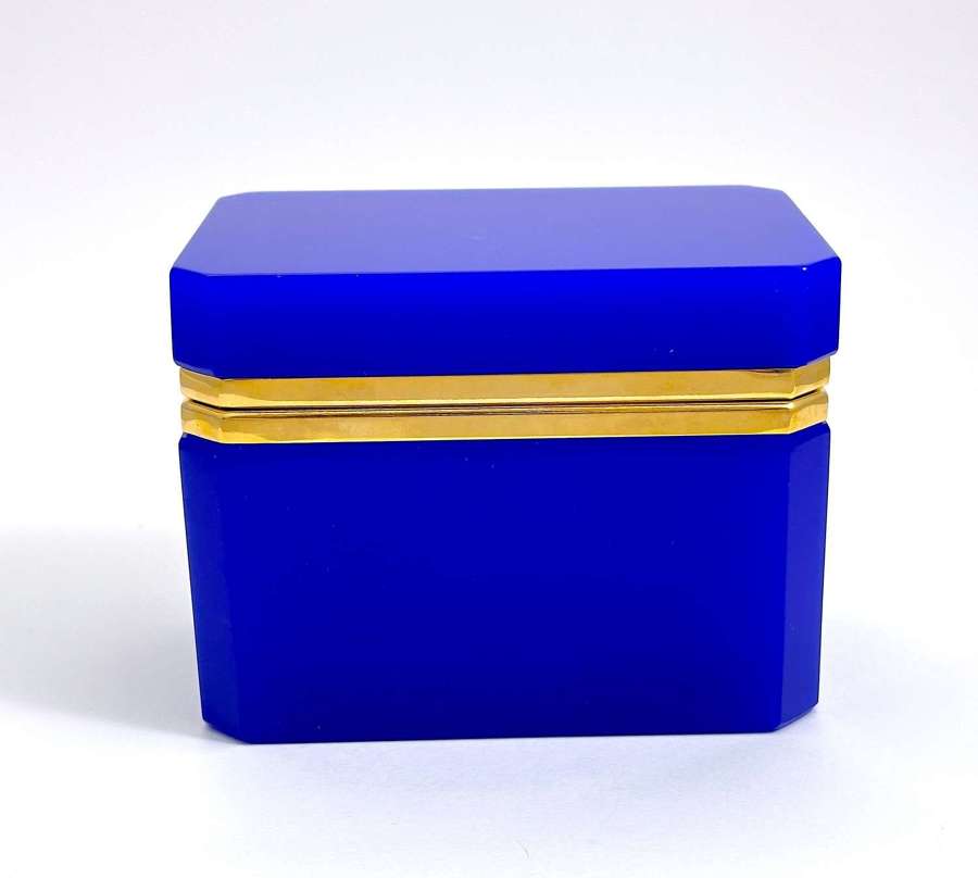 Antique Rectangular Lapis Blue Opaline Glass Casket Box