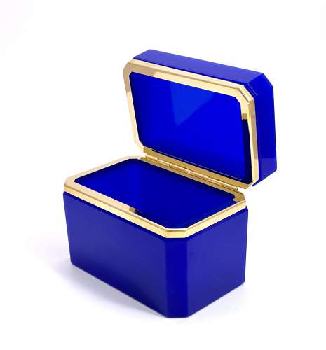 Antique Rectangular Lapis Blue Opaline Glass Casket Box