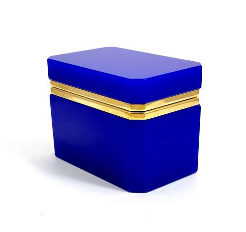 Antique Rectangular Lapis Blue Opaline Glass Casket Box